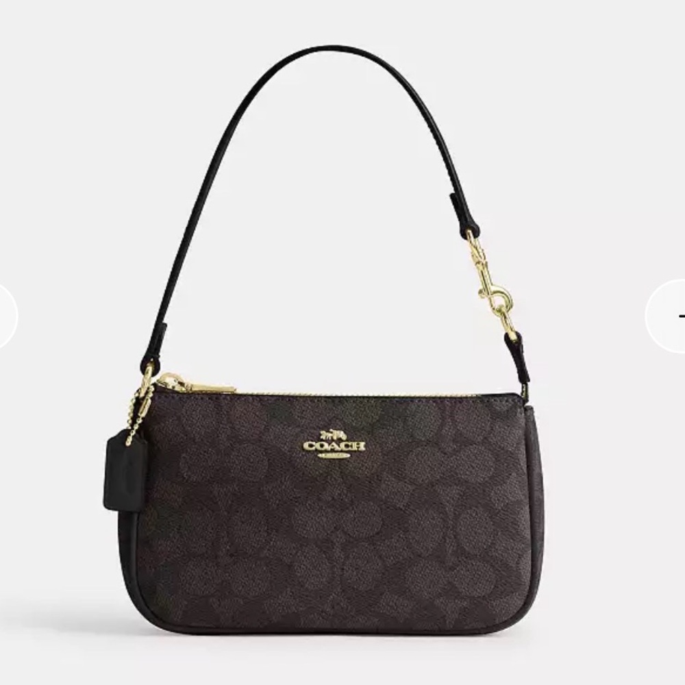 Coach Dark Brown Signature Canvas Shoulder Pouch with Gold Hardware